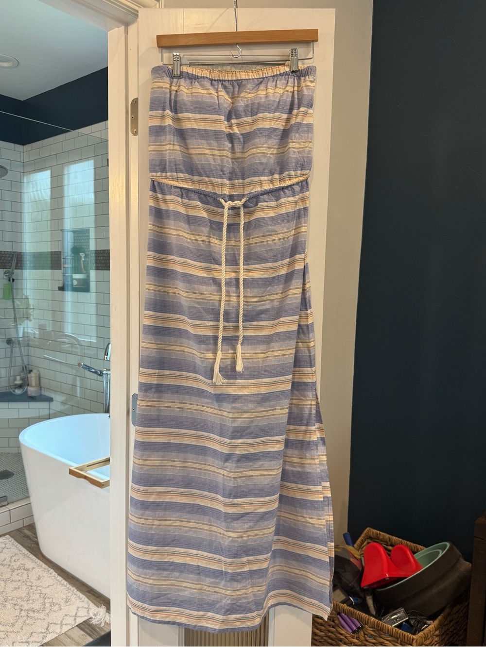 Sperry Striped Blue and Cream Drawstring Maxi Dress